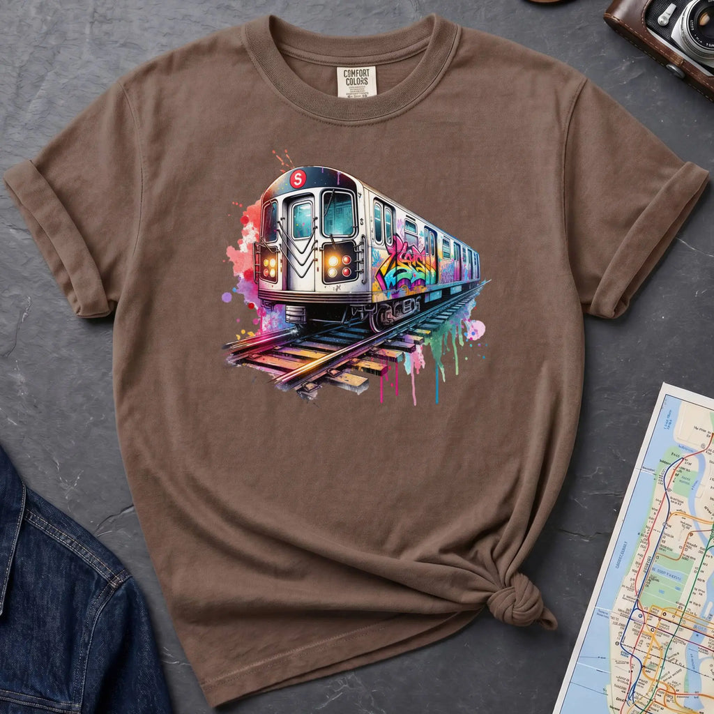 Brown Comfort Colors t-shirt featuring a colorful NYC subway train graphic with graffiti-style paint details and bright street art accents.