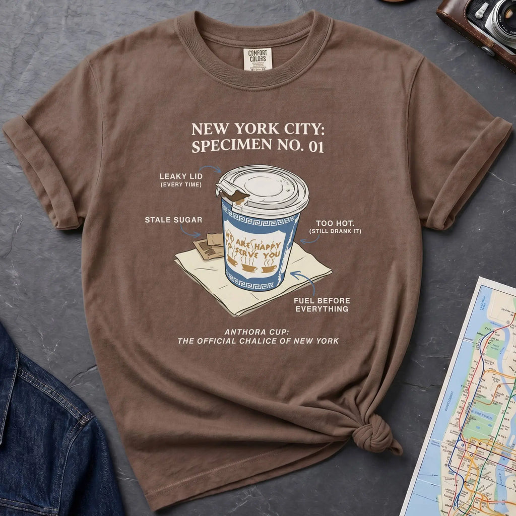 Brown t-shirt with New York City coffee cup graphic on a textured surface with map and camera.