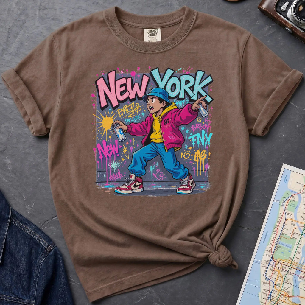 Brown Comfort Colors t-shirt featuring a colorful NYC graffiti-style New York graphic with a young street artist holding a spray paint can