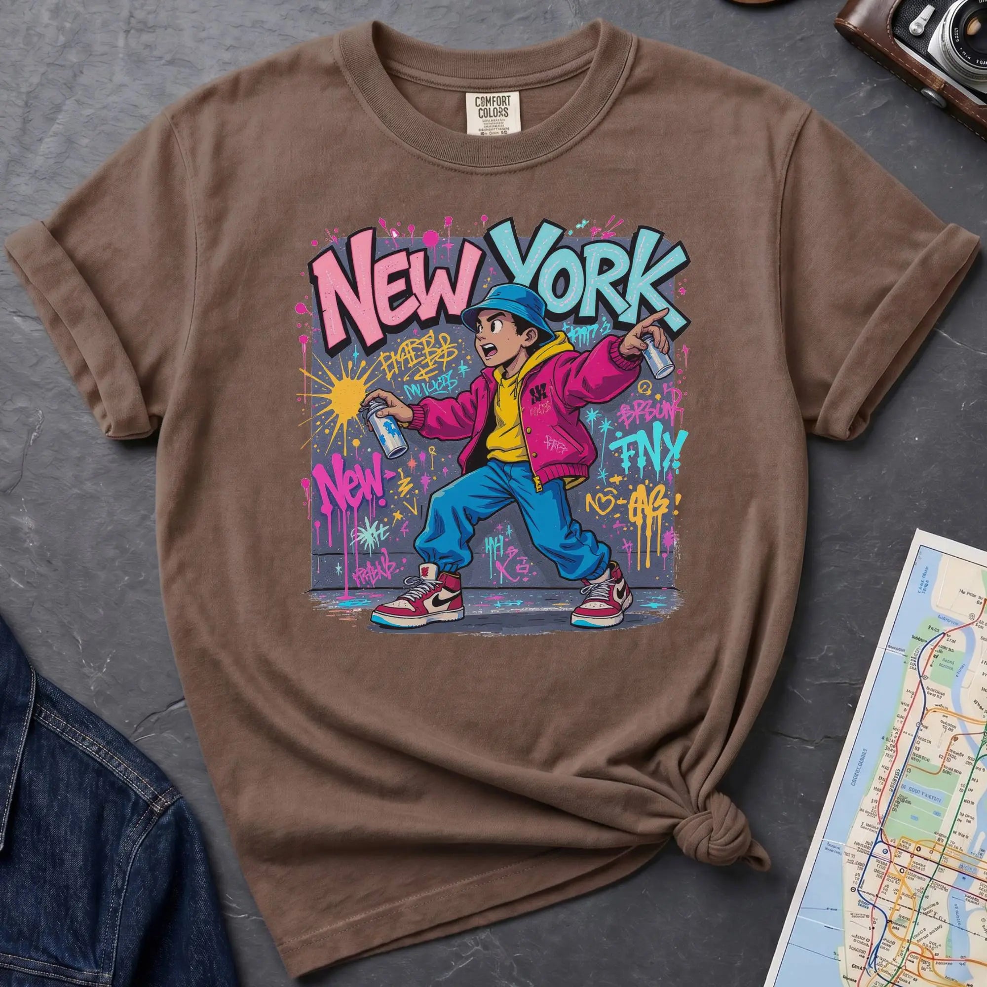 Brown Comfort Colors t-shirt featuring a colorful NYC graffiti-style New York graphic with a young street artist holding a spray paint can