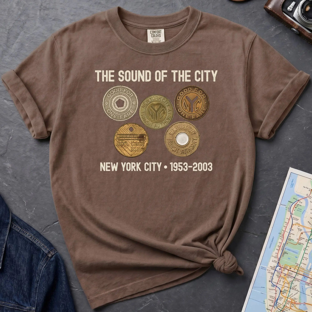 Brown Comfort Colors t-shirt featuring vintage New York City subway tokens with “The Sound of the City” and “New York City • 1953–2003” text.