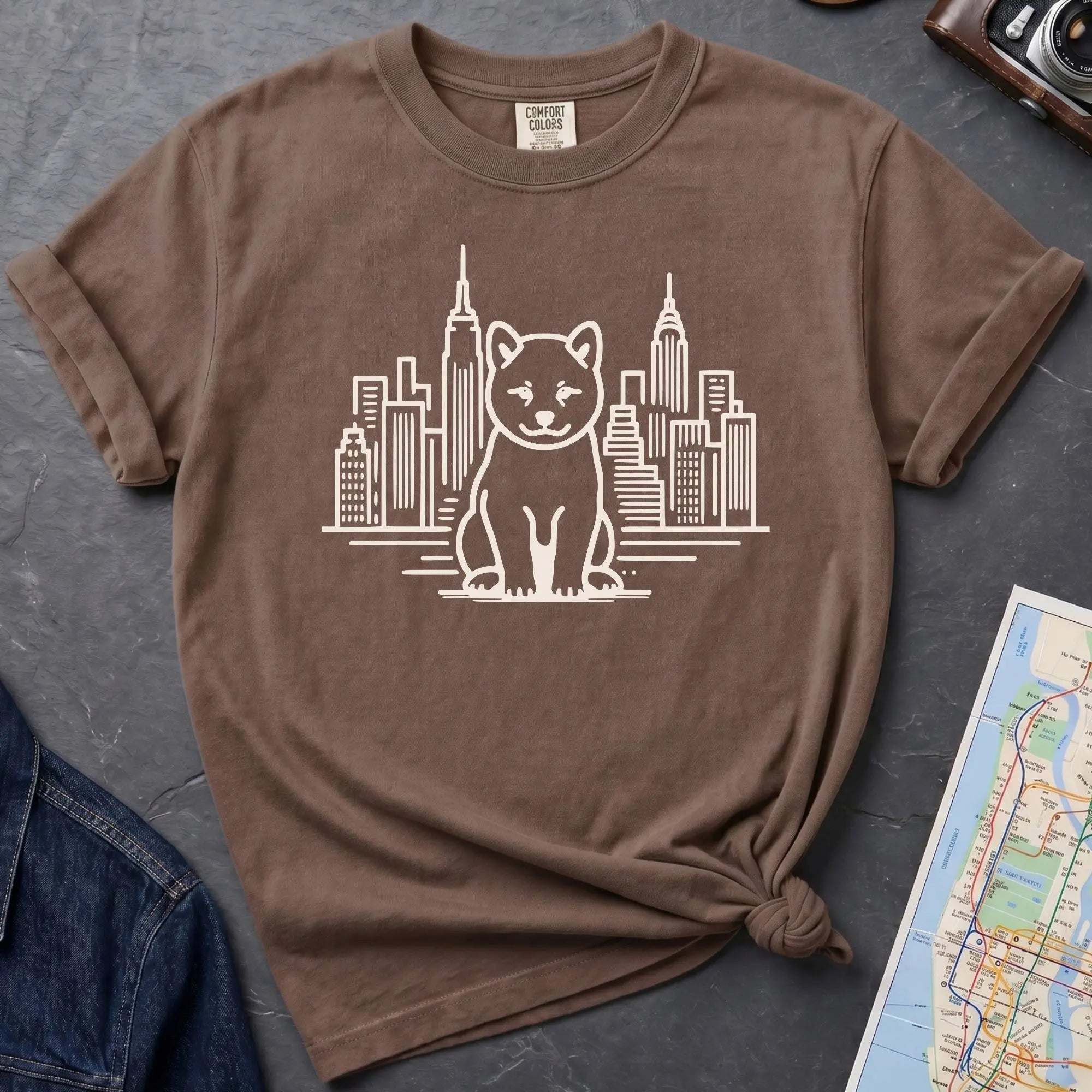 Brown Comfort Colors t-shirt featuring a minimalist Shiba Inu graphic in front of the New York City skyline.