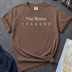 Brown t-shirt with 'The Bronx' and subway line numbers on a dark surface with a map and camera.