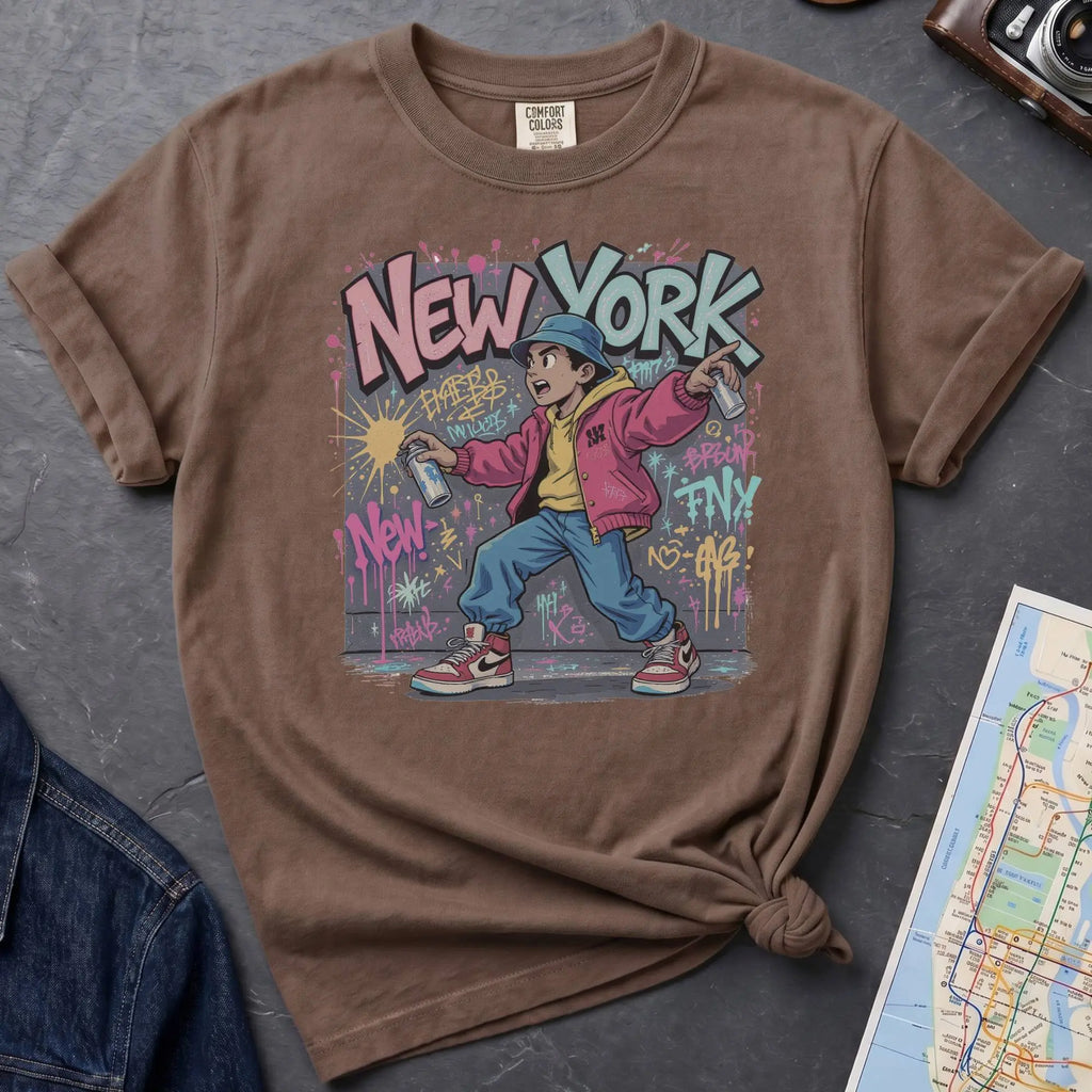 Brown Comfort Colors t-shirt featuring a colorful NYC graffiti-style New York graphic with a young street artist holding a spray paint can.
