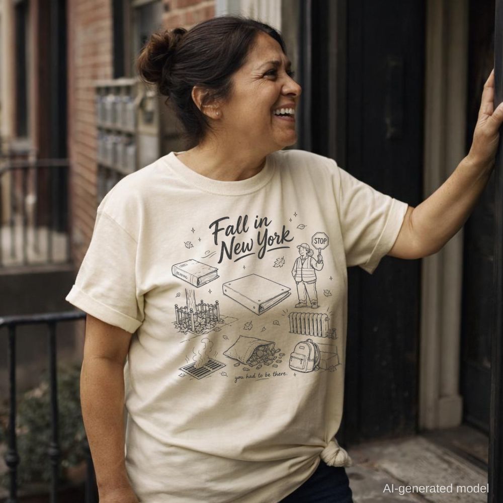 Woman wearing an Ivory Comfort Colors T-shirt with a 'Fall in New York' design standing on a street.