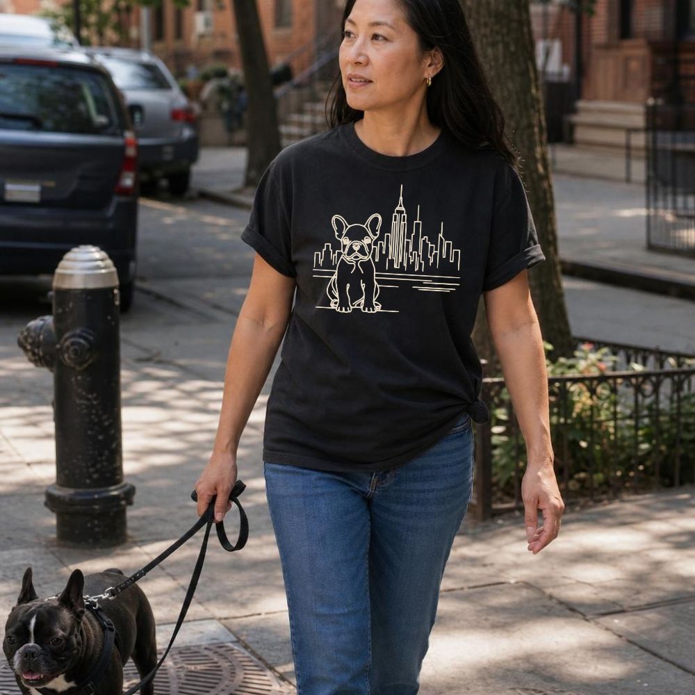 Woman walking a French Bulldog on a leash wearing a Black Comfort Colors t-shirt with a French Bulldog and cityscape design in an urban setting