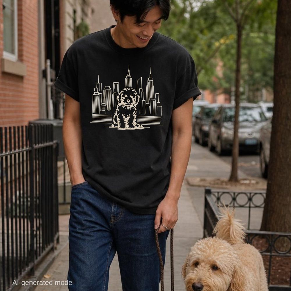 Man wearing a black Comfort Colors t-shirt with a Golden Doodle and cityscape design, walking down a sidewalk with his dog on a leash.