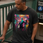 Man wearing a black Comfort Colors t-shirt with a colorful graphic of a person spray painting a brick wall, in a subway setting