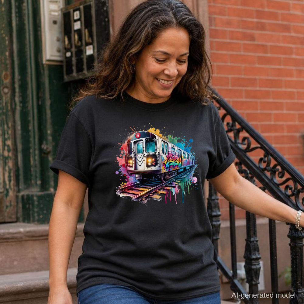 Woman wearing a black Comfort Colors t-shirt with a colorful graffiti NYC subway train graphic, standing on a street.