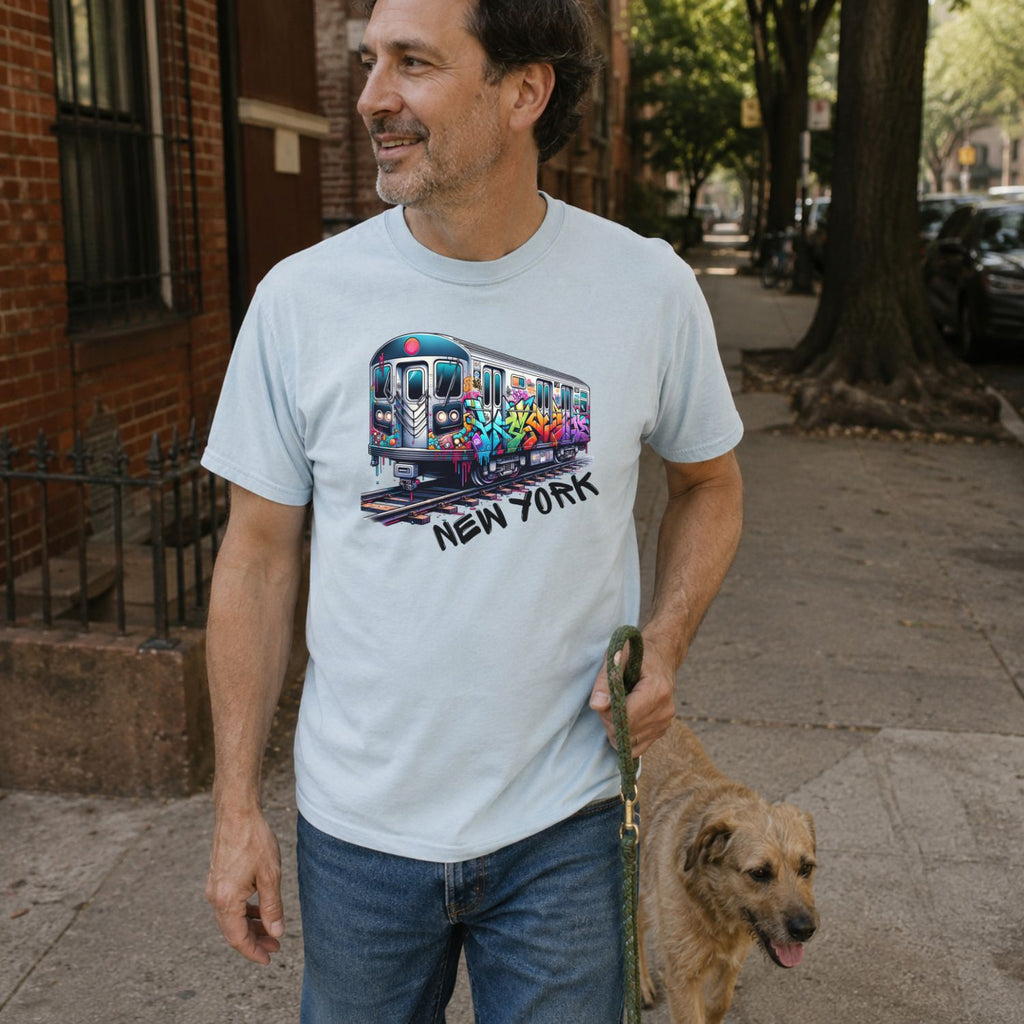 Man walking a dog on a sidewalk wearing a Light blue t-shirt with a colorful train graphic and 'New York' text.
