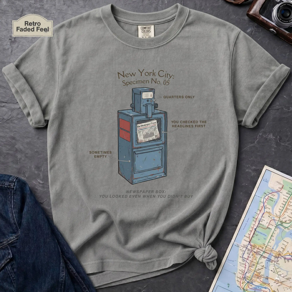 Granite colored t-shirt with a newspaper box graphic and text on a textured surface with a camera and map.