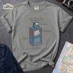 Granite colored t-shirt with a newspaper box graphic and text on a textured surface with a camera and map.