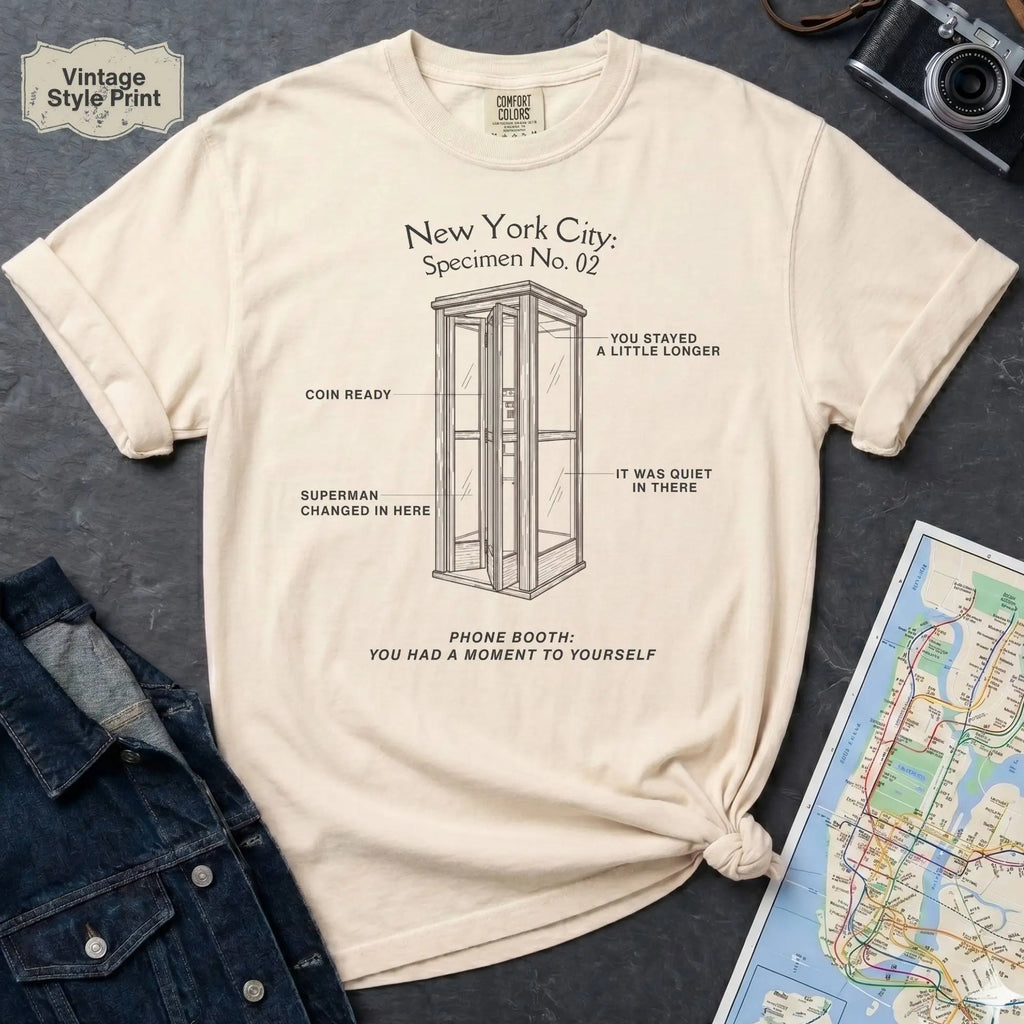 Ivory Comfort Colors t-shirt featuring a vintage New York City phone booth graphic with specimen-style callouts and “Phone Booth: You Had a Moment to Yourself” text.