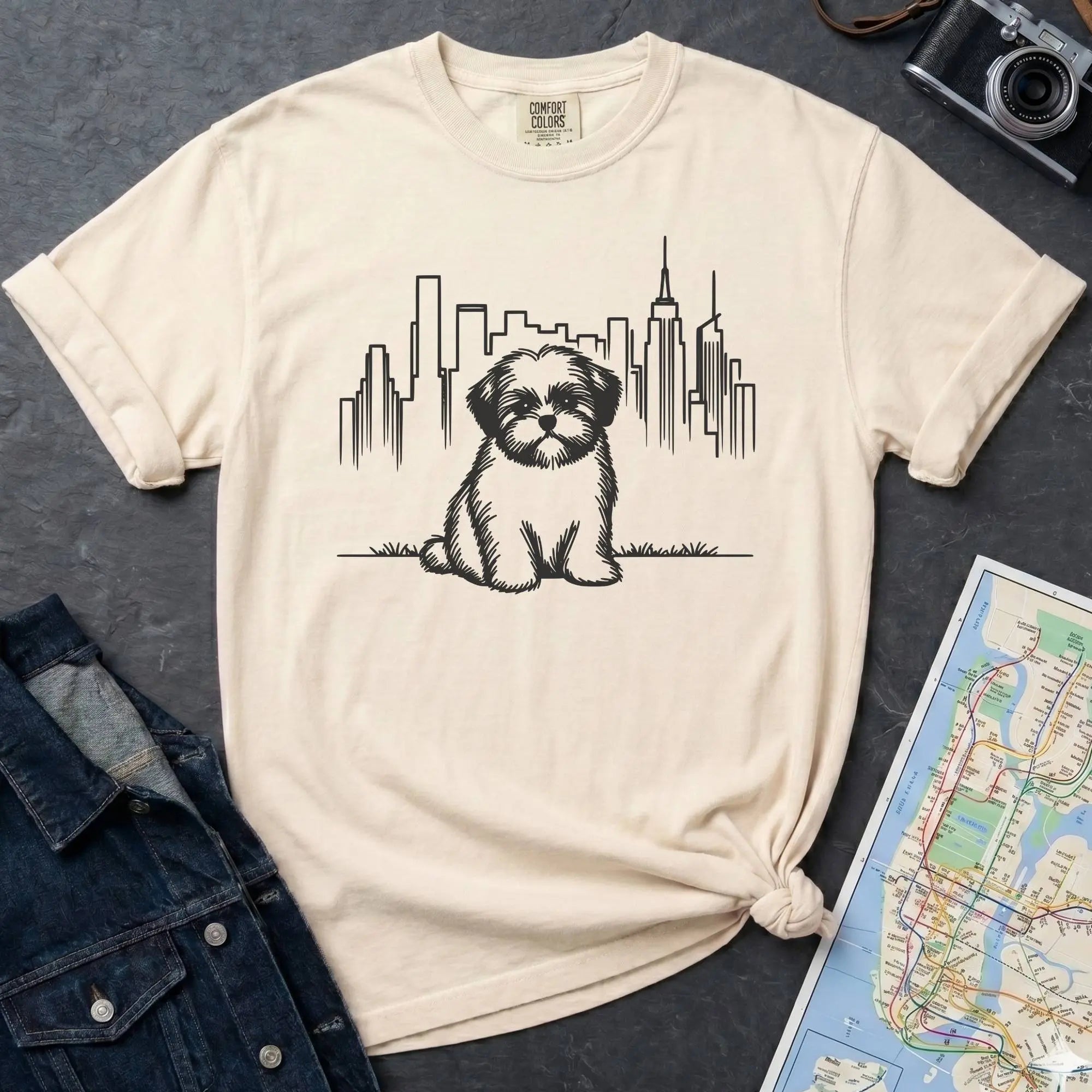 Ivory t-shirt with a Shih Tzu dog and cityscape design on a dark surface with a map and camera.