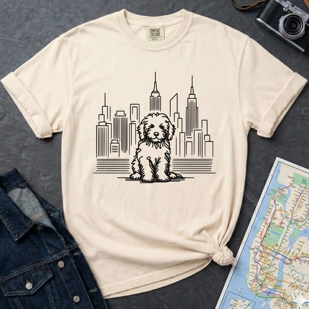 Ivory t-shirt with a Golden Doodle dog and cityscape design on a gray surface with a map and camera.