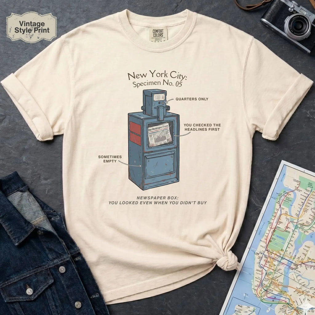 Ivory t-shirt with a newspaper box graphic and text on a textured surface with a camera and map.