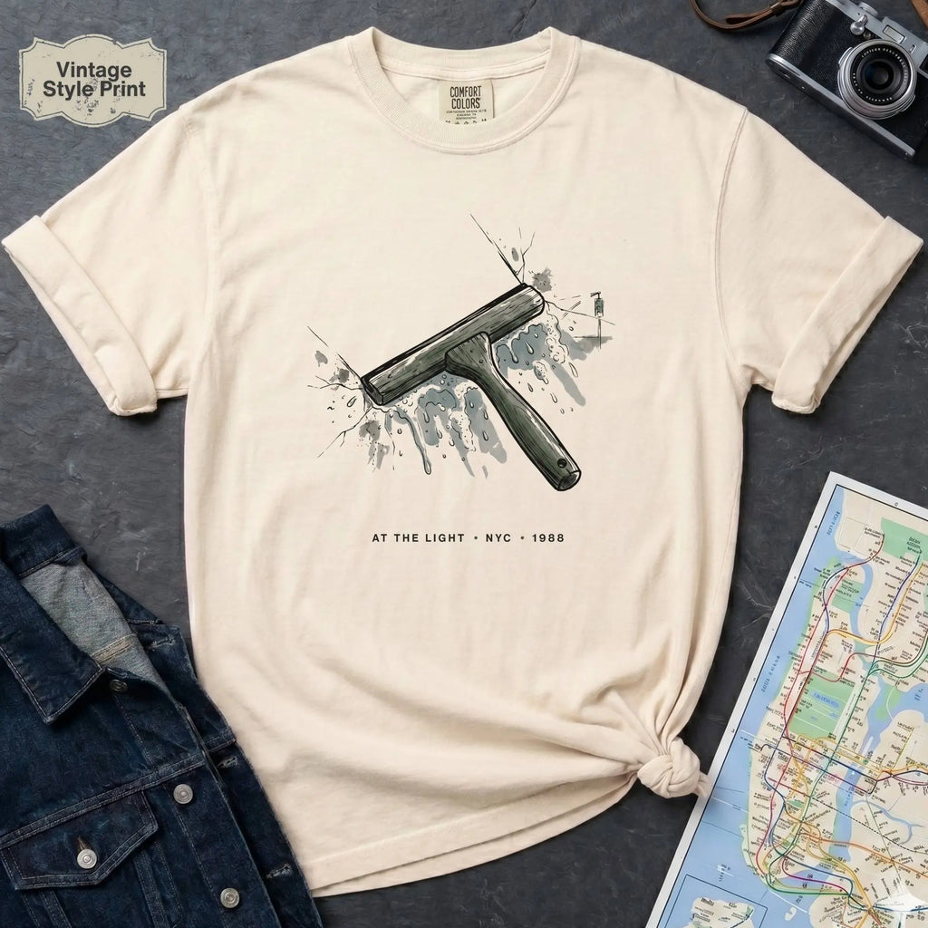 Ivory Comfort Colors t-shirt featuring a vintage windshield squeegee graphic with “At the Light • NYC • 1988” text.