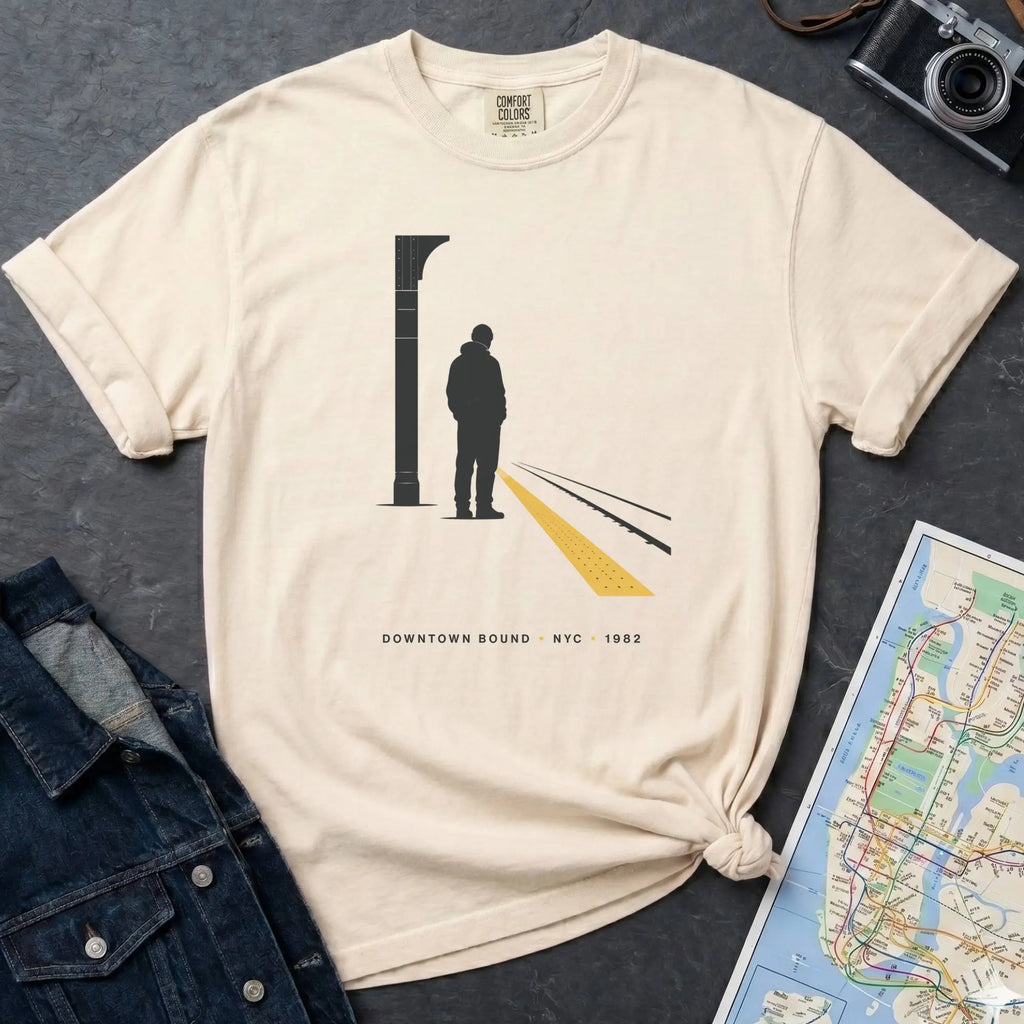 Ivory t-shirt with a graphic design of a person on a train platform, placed on a dark surface with a map and denim jacket.