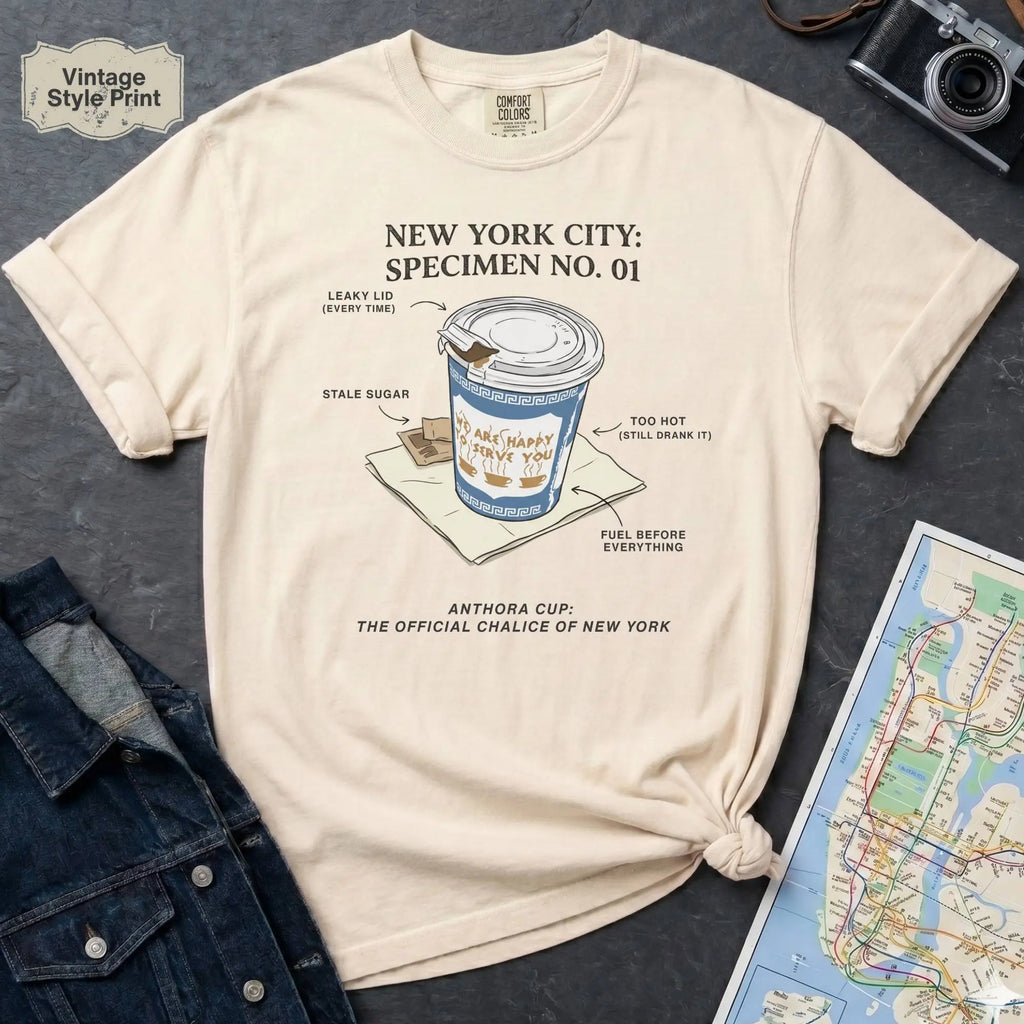 Ivory Comfort Colors t-shirt featuring a vintage New York City Anthora coffee cup graphic with specimen-style callouts and “The Official Chalice of New York” text.
