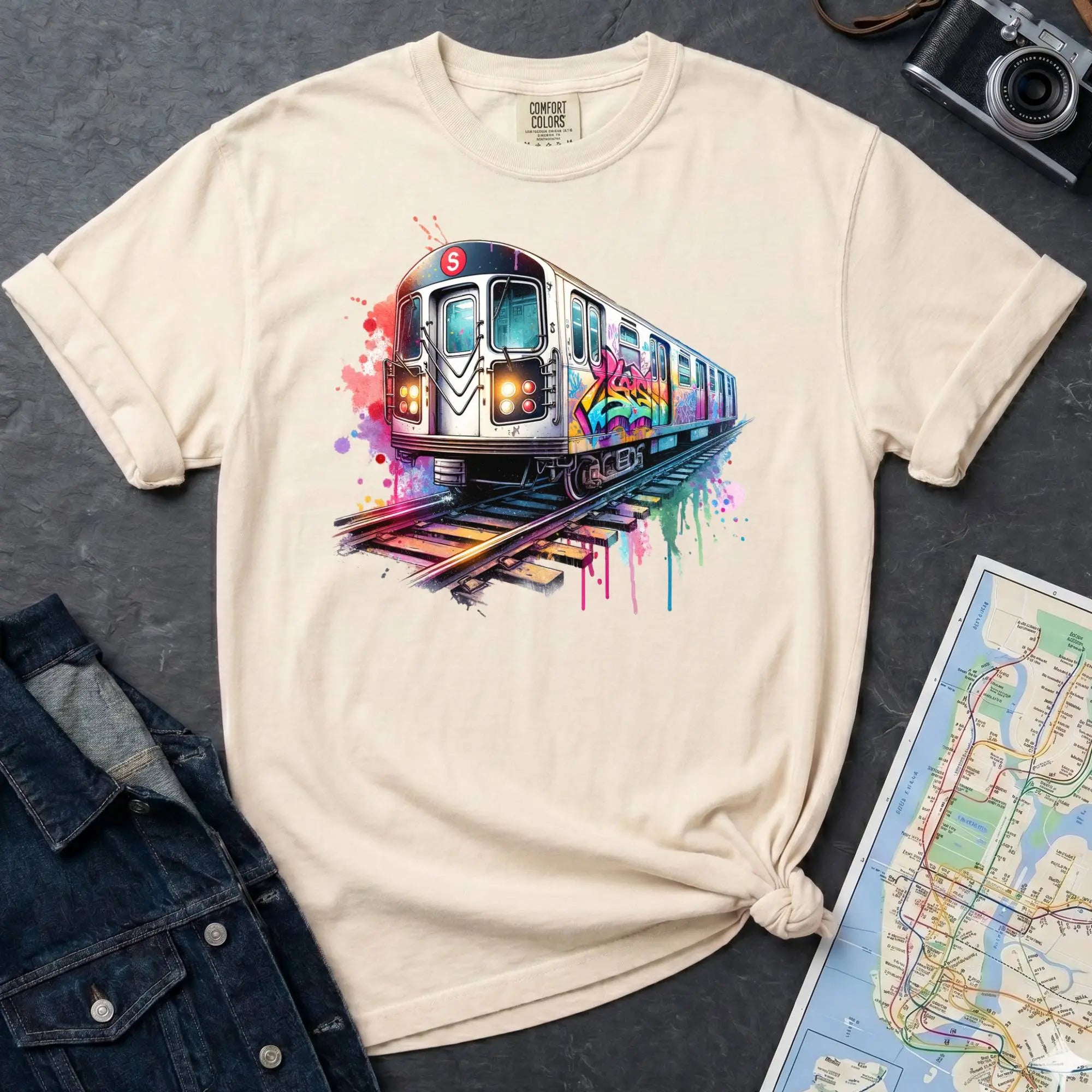 Ivory Comfort Colors t-shirt featuring a colorful NYC subway train graphic with graffiti-style paint details and bright street art accents.