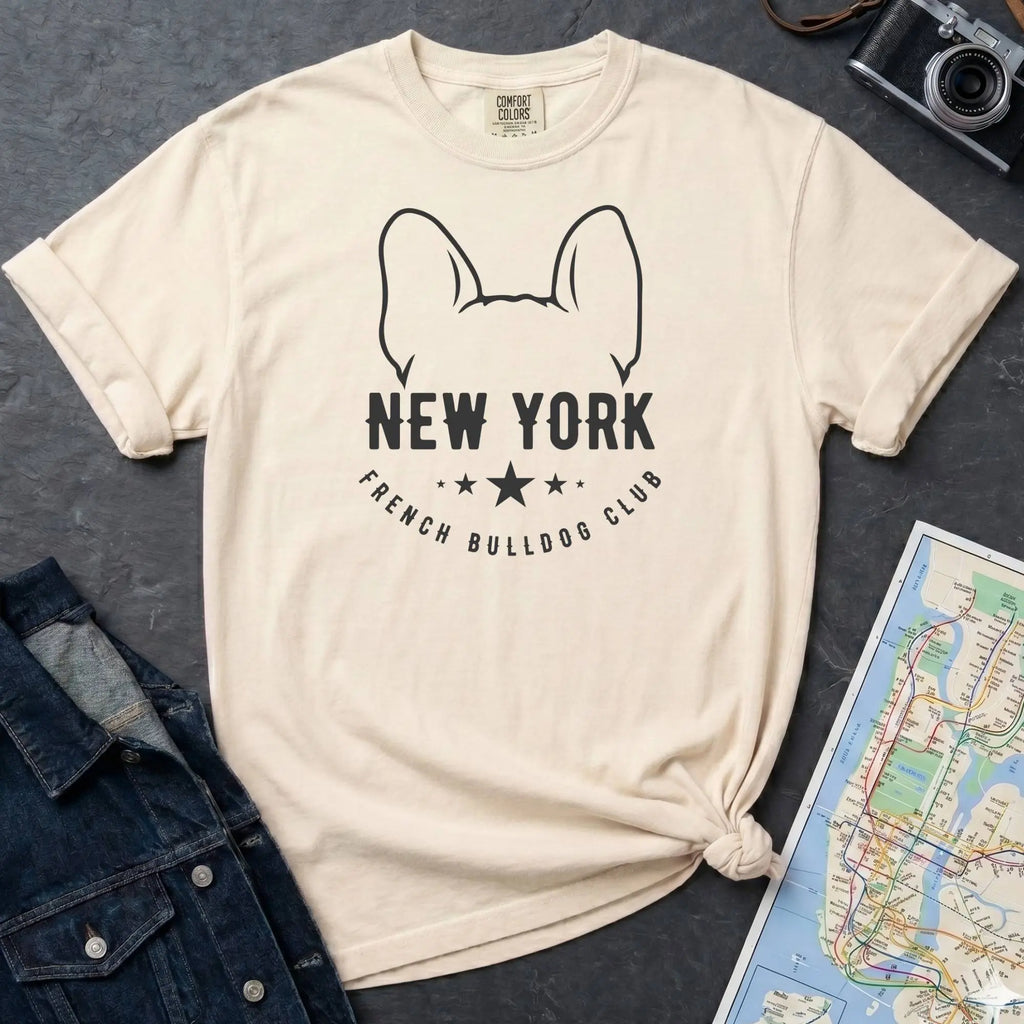 Ivory Comfort Colors t-shirt featuring a New York French Bulldog Club graphic with bold text, outlined French bulldog ears, stars, and a minimalist black design.