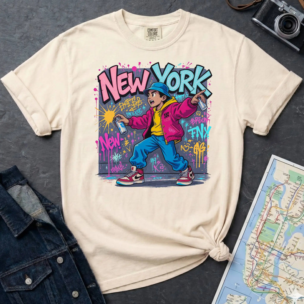 Ivory Comfort Colors t-shirt featuring a colorful NYC graffiti-style New York graphic with a young street artist holding a spray paint can