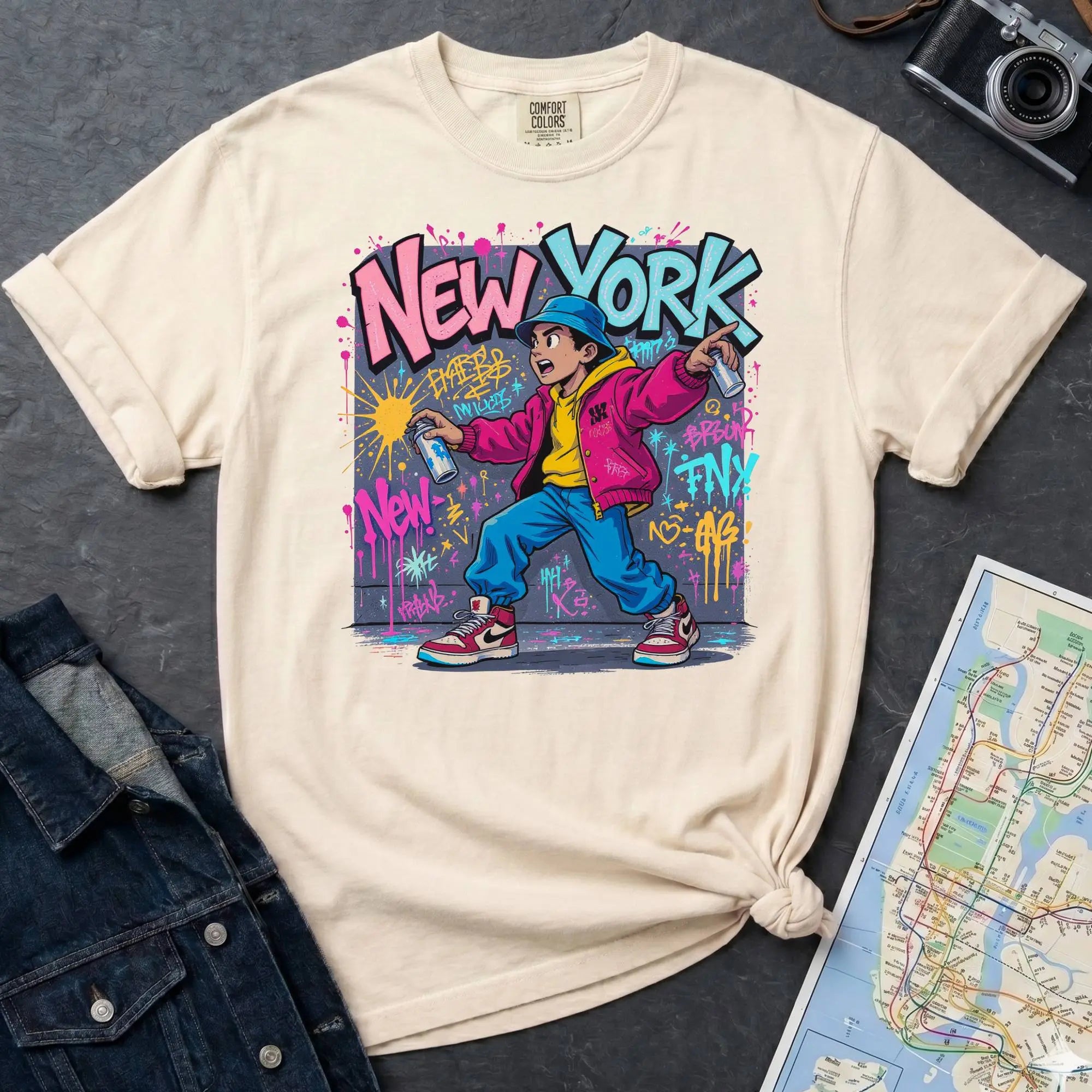 Ivory Comfort Colors t-shirt featuring a colorful NYC graffiti-style New York graphic with a young street artist holding a spray paint can
