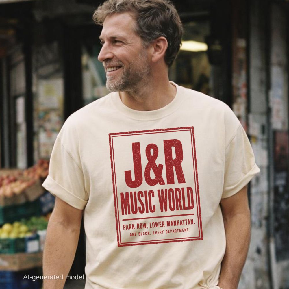 Man wearing an ivory Comfort Colors T-shirt with red J&R Music World NYC front print, while standing in front of a bodega in New York. 