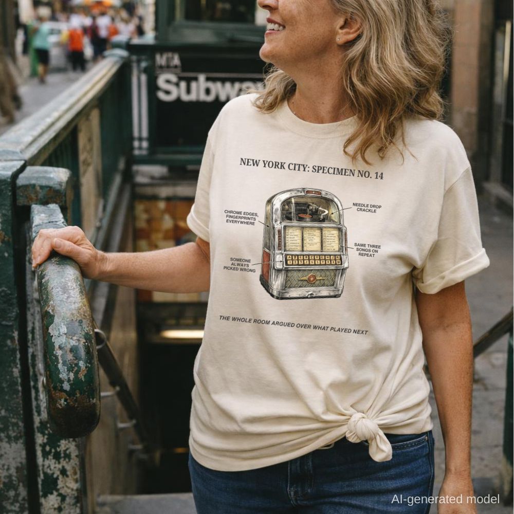Woman wearing an Ivory Comfort Colors t-shirt with a vintage jukebox graphic and text in an urban setting