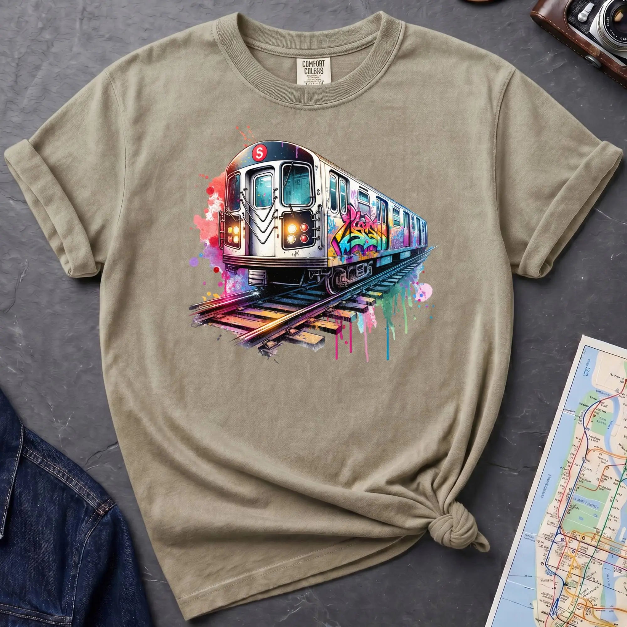 Khaki colored Comfort Colors t-shirt featuring a colorful NYC subway train graphic with graffiti-style paint details and bright street art accents.