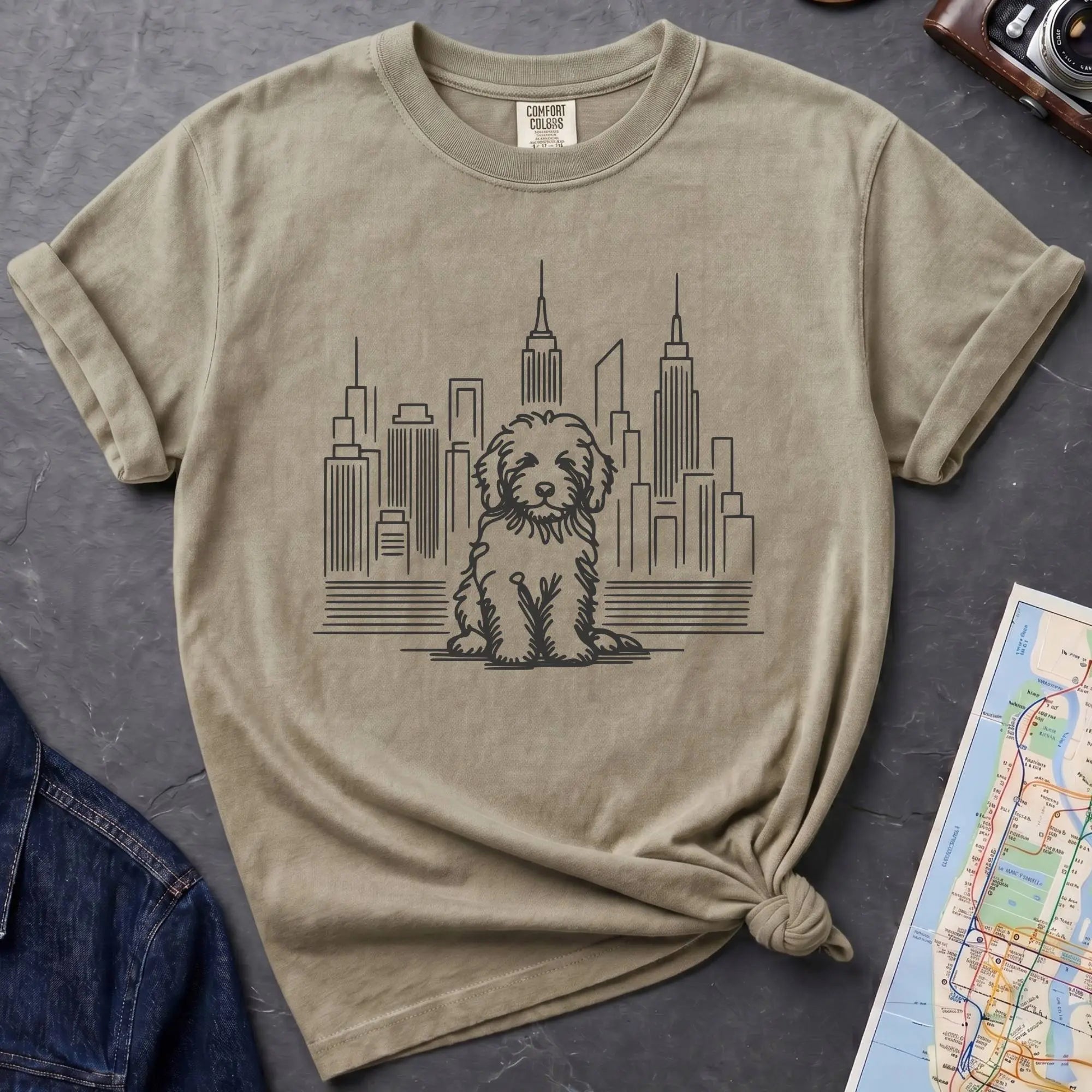 Khaki colored t-shirt with a Golden Doodle dog and cityscape design on a gray surface with a map and camera.