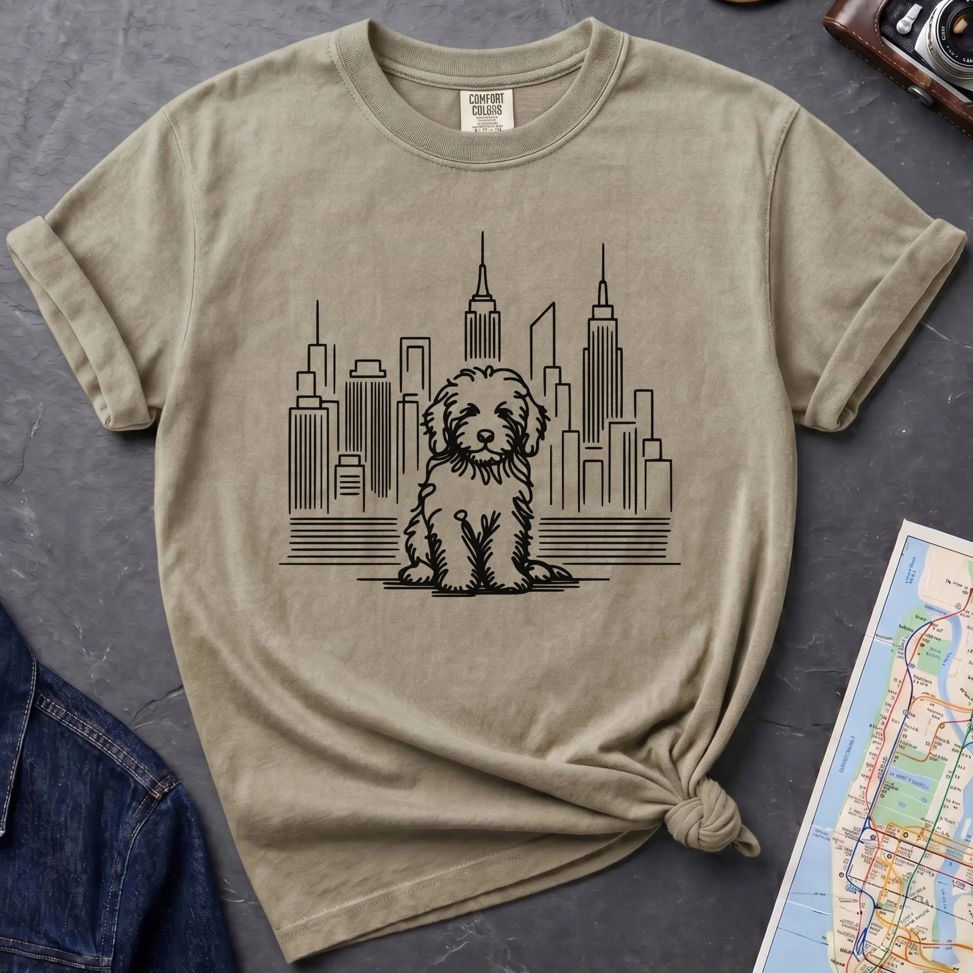 Khaki colored t-shirt with a Golden Doodle dog and cityscape design on a gray surface with a map and camera.