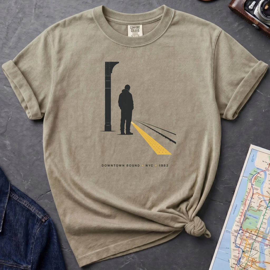 Khaki colored t-shirt with a graphic design of a person on a train platform, placed on a dark surface with a map and denim jacket.