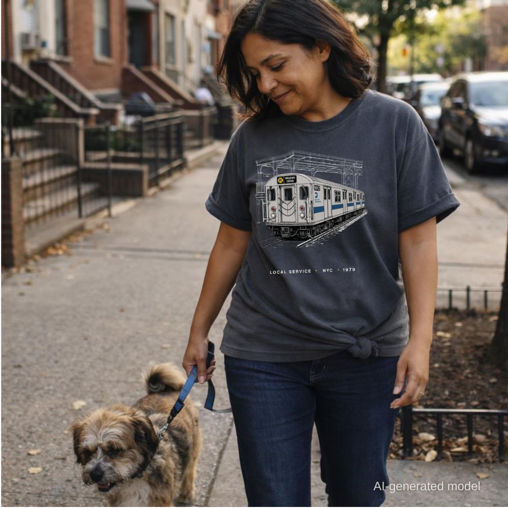 Woman wearing a pepper colored Comfort Colors T-shirt with NYC R train local service front print, while walking a dog down a NYC street