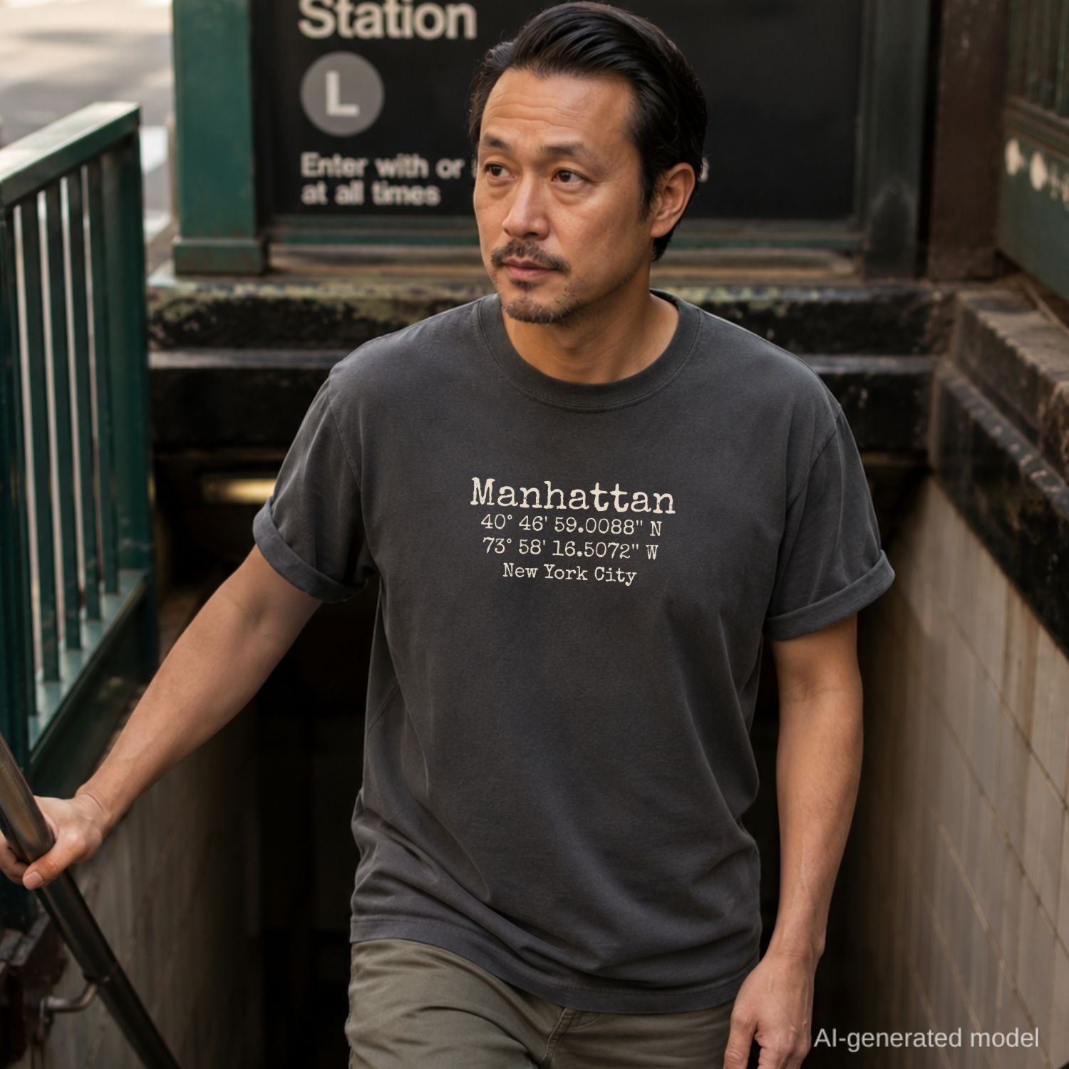 Man wearing a Pepper colored Comfort Colors t-shirt with Manhattan coordinates in a subway station