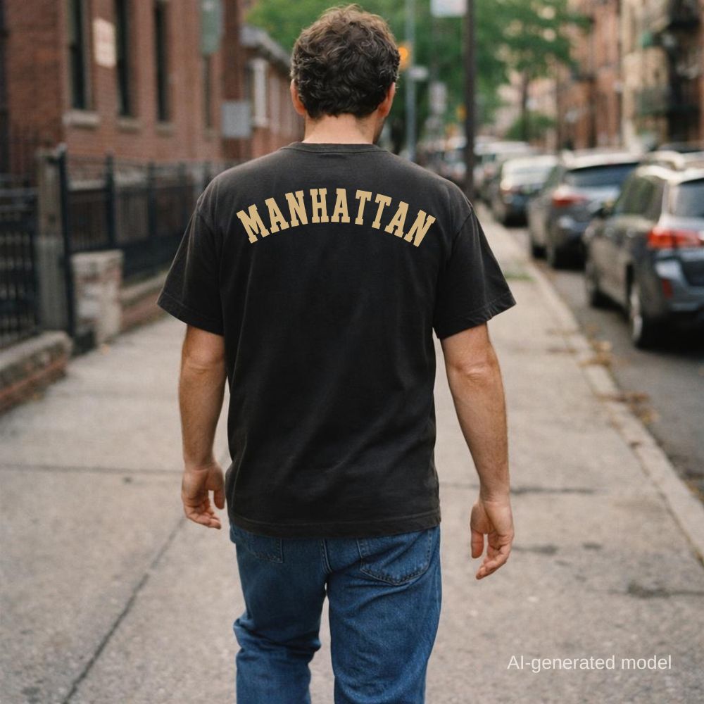 Man wearing a black Comfort Colors t-shirt with 'MANHATTAN' printed on the back, walking down a street.