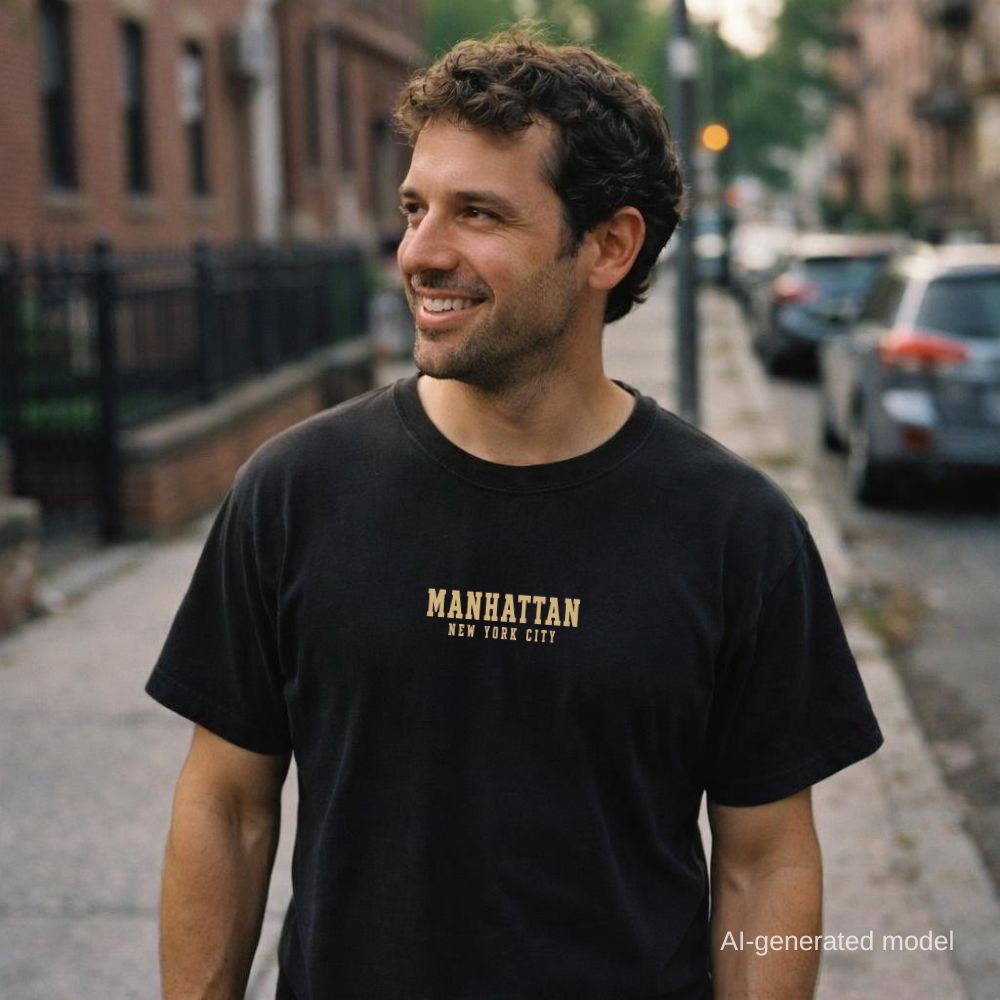Man wearing a black Comfort Colors t-shirt with 'Manhattan New York City' text on a street.