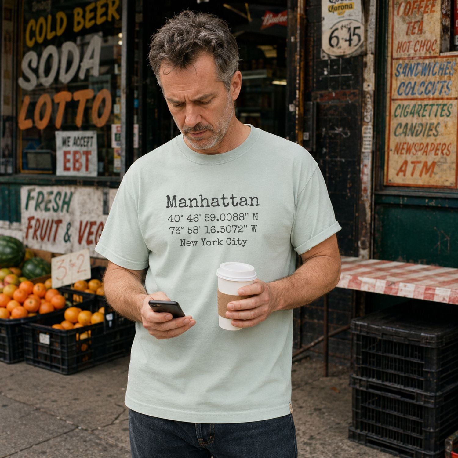 Man holding a coffee cup and phone wearing a Bay colored t-shirt with Manhattan coordinates print in front of a store.
