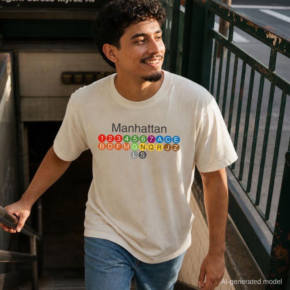 Man wearing an Ivory Comfort Colors t-shirt with Manhattan text and subway line design, standing outdoors.