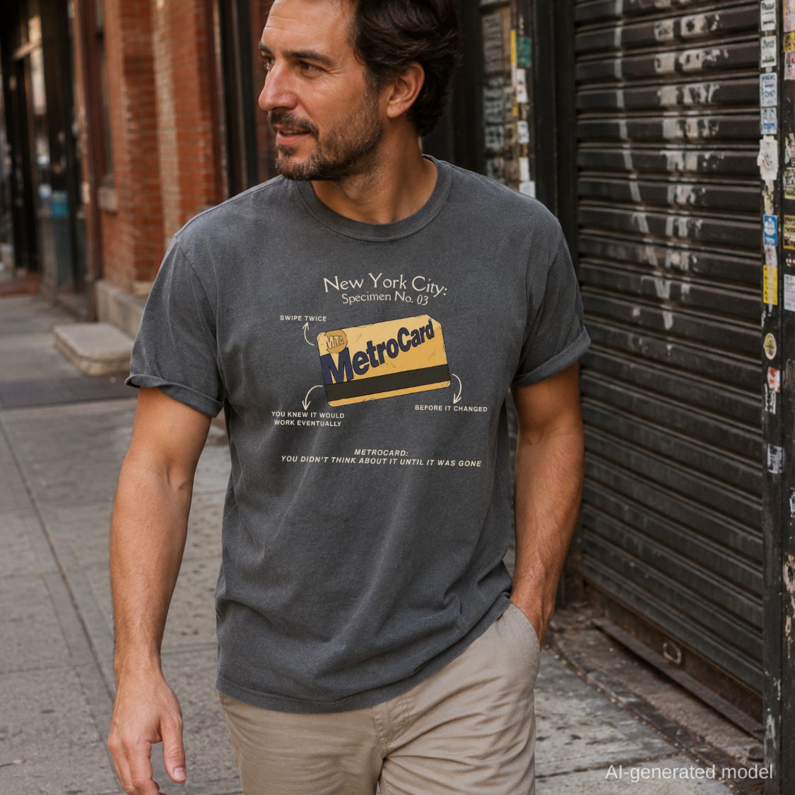 Man wearing a Pepper colored Comfort Colors t-shirt with a New York City MetroCard design on a city street.