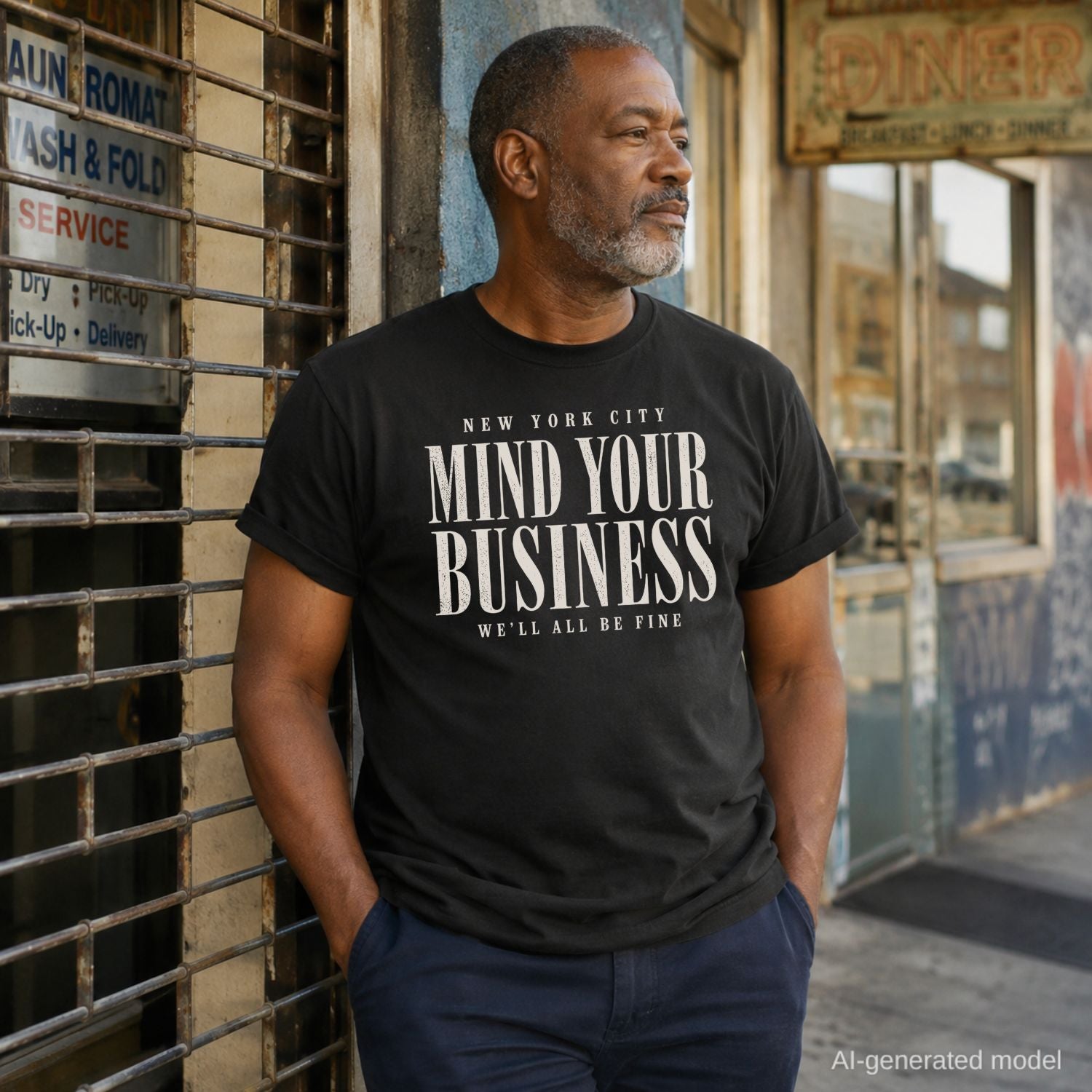 Man wearing a black Comfort Colors t-shirt with 'New York City Mind Your Business We'll All Be Fine' text, standing against a building.