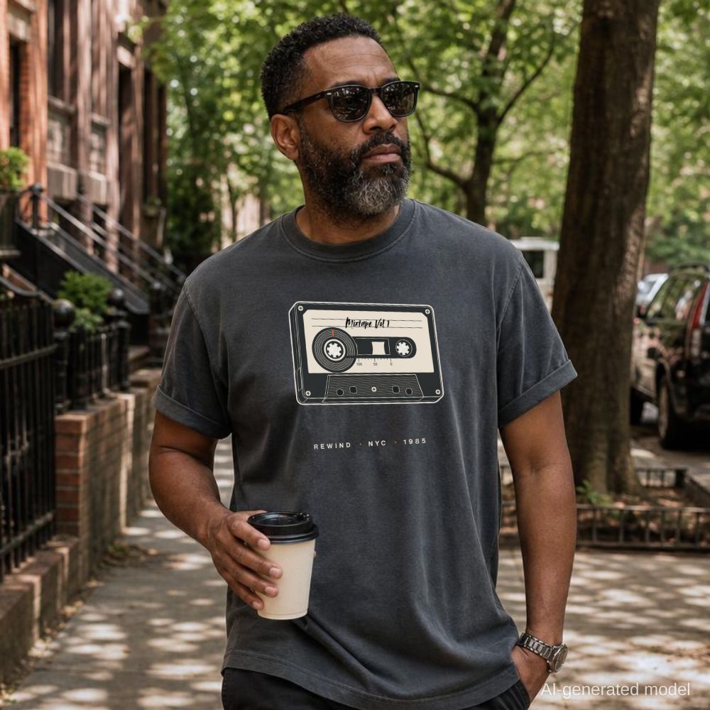 Man wearing a Pepper colored Comfort Colors t-shirt with a cassette tape design, standing on a street