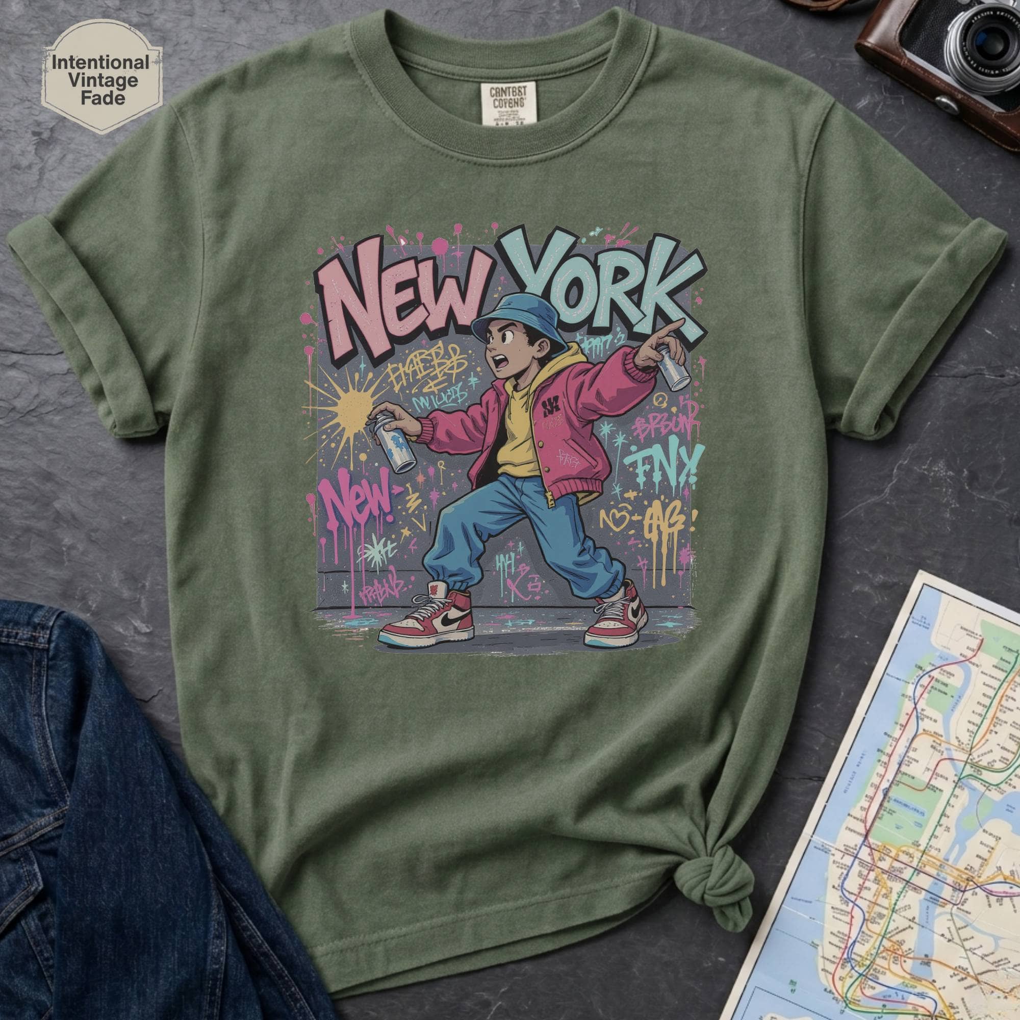 Moss Green Comfort Colors t-shirt featuring a colorful NYC graffiti-style New York graphic with a young street artist holding a spray paint can.