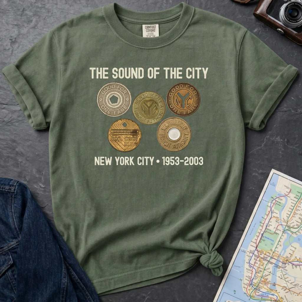 Moss green Comfort Colors t-shirt featuring vintage New York City subway tokens with “The Sound of the City” and “New York City • 1953–2003” text.