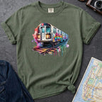 Moss green Comfort Colors t-shirt featuring a colorful NYC subway train graphic with graffiti-style paint details and bright street art accents.
