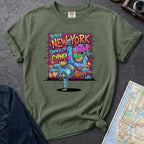 Moss green Comfort Colors t-shirt featuring a colorful B-Boy New York graphic with a breakdancer in front of a graffiti brick wall.