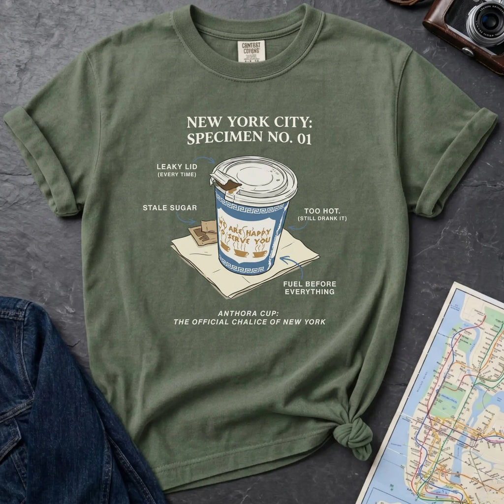Moss green t-shirt with New York City coffee cup graphic on a textured surface with map and camera.