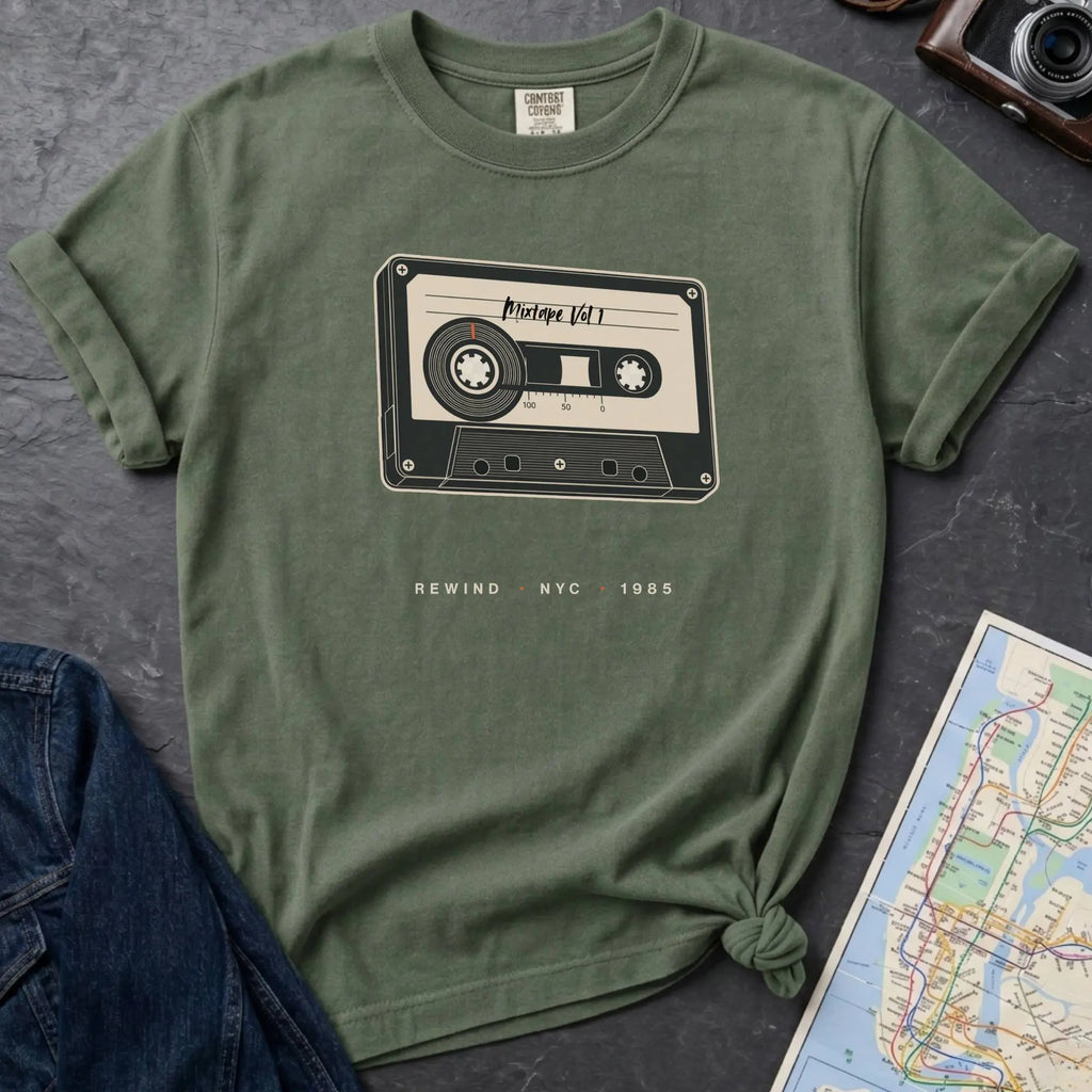 Moss green t-shirt with cassette tape graphic and text on a gray surface with denim jacket and map.