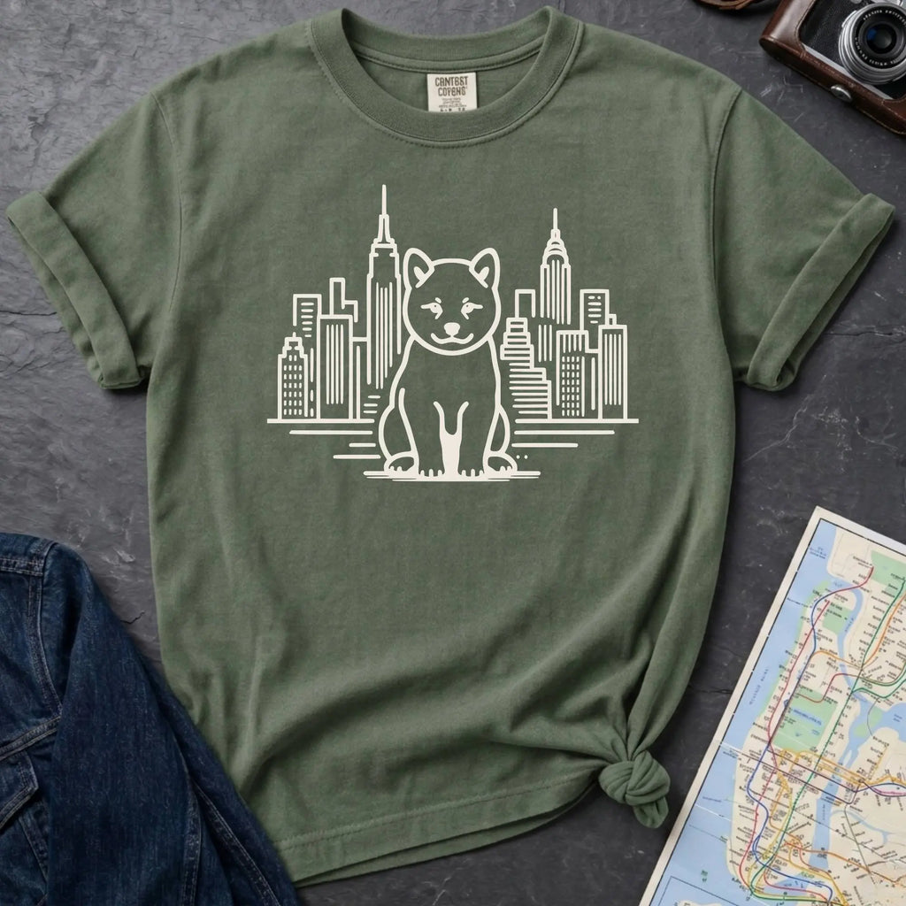 Moss green Comfort Colors t-shirt featuring a minimalist Shiba Inu graphic in front of the New York City skyline.