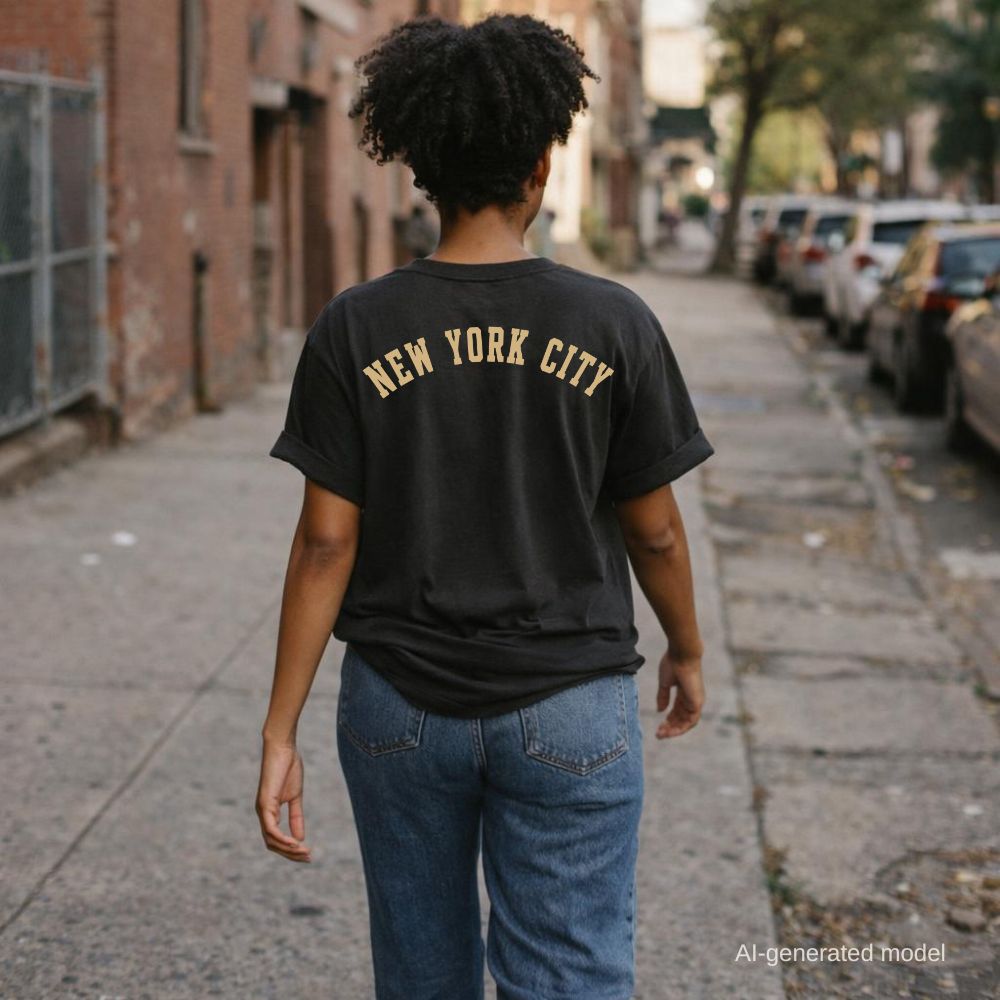 Woman wearing a black Comfort Colors t-shirt with 'New York City' text, walking down a street.